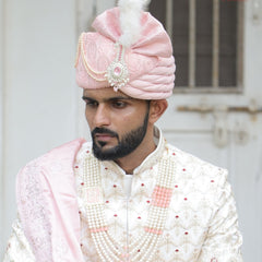 Baby Pink Embroidered Groom Turban with Brooch & Pearls