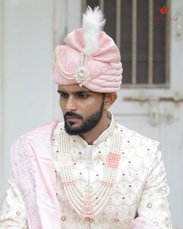 Baby Pink Embroidered Groom Turban with Brooch & Pearls