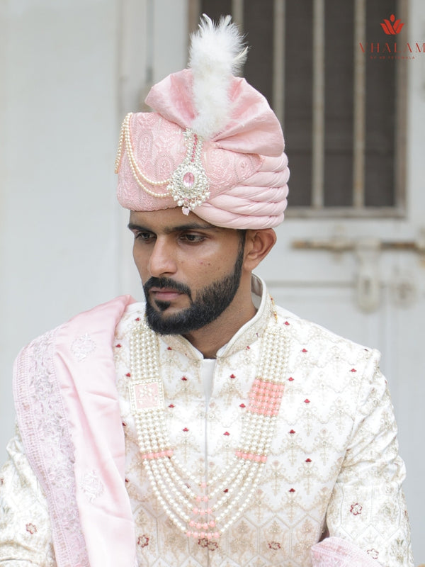 Baby Pink Embroidered Groom Turban with Brooch & Pearls