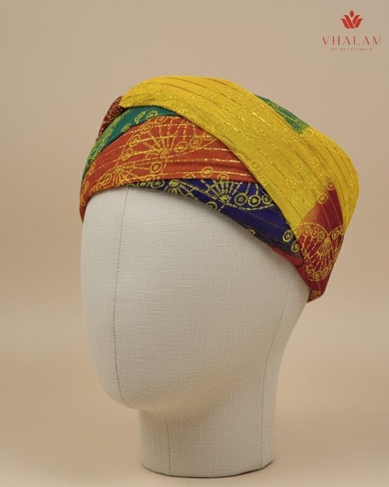 Traditional Tri-Color Gold Foil Printed Rajasthani Pagdi
