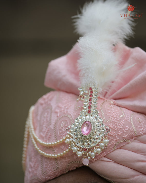 Baby Pink Embroidered Groom Turban with Brooch & Pearls