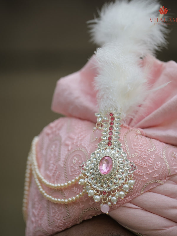 Baby Pink Embroidered Groom Turban with Brooch & Pearls