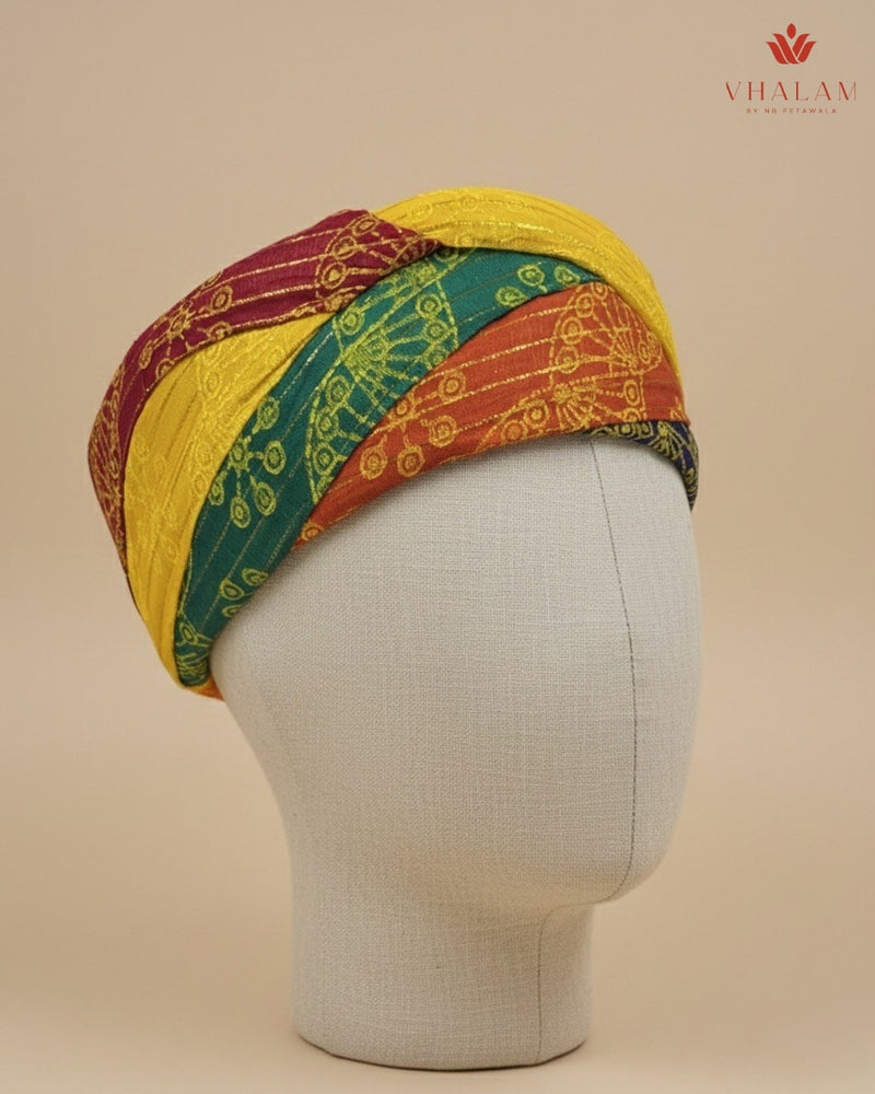 Traditional Tri-Color Gold Foil Printed Rajasthani Pagdi