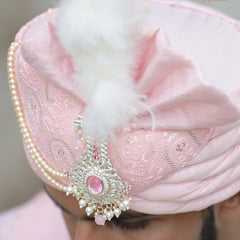 Baby Pink Embroidered Groom Turban with Brooch & Pearls