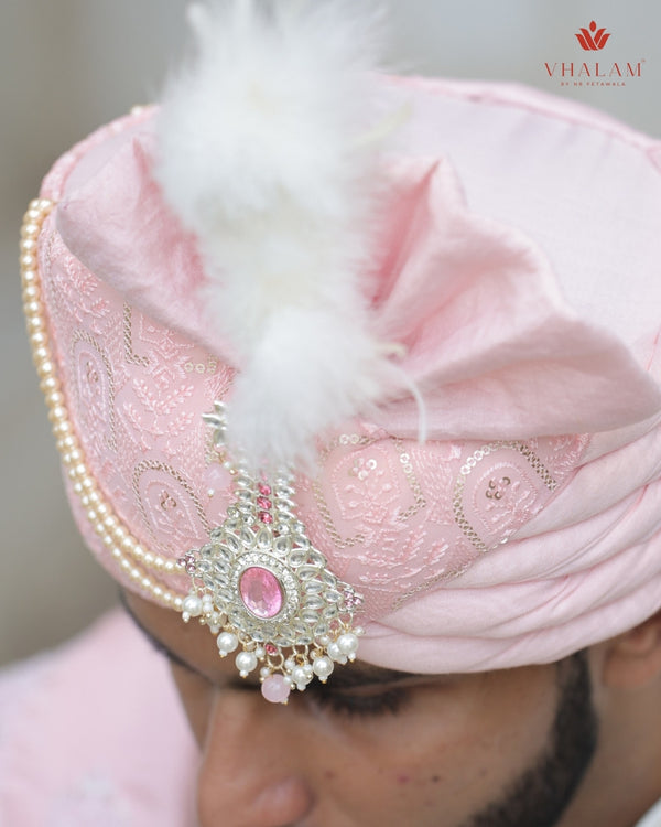 Baby Pink Embroidered Groom Turban with Brooch & Pearls