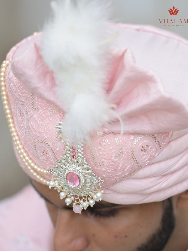 Baby Pink Embroidered Groom Turban with Brooch & Pearls