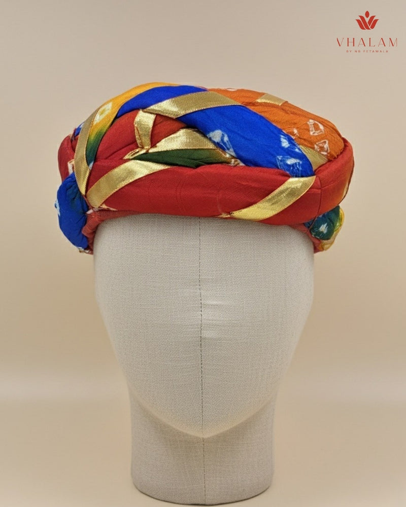 Festive Multicolored Bandhani Pagdi with Gold Gota Ribbon Work