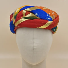Festive Multicolored Bandhani Pagdi with Gold Gota Ribbon Work