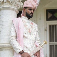 Baby Pink Embroidered Groom Turban with Brooch & Pearls