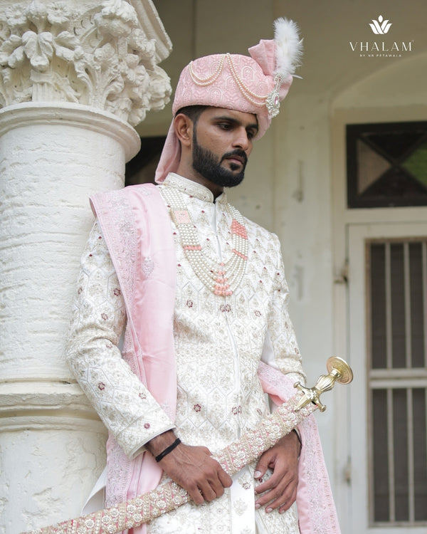 Baby Pink Embroidered Groom Turban with Brooch & Pearls