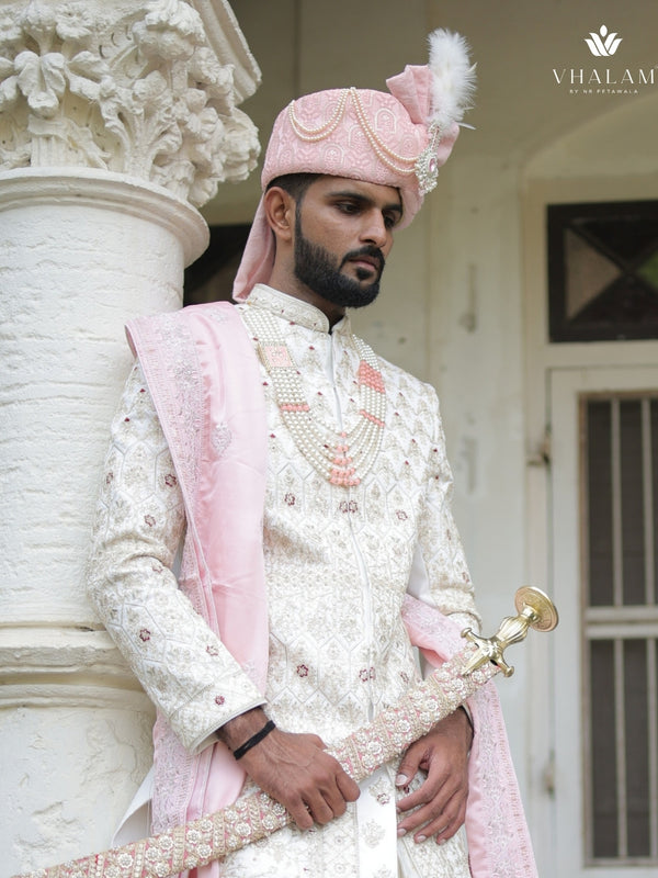 Baby Pink Embroidered Groom Turban with Brooch & Pearls