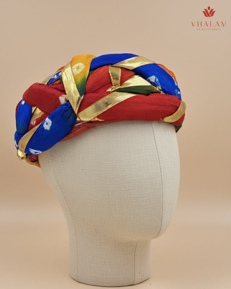 Festive Multicolored Bandhani Pagdi with Gold Gota Ribbon Work