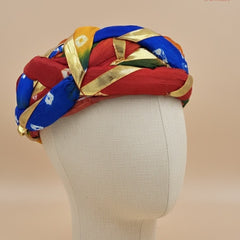 Festive Multicolored Bandhani Pagdi with Gold Gota Ribbon Work