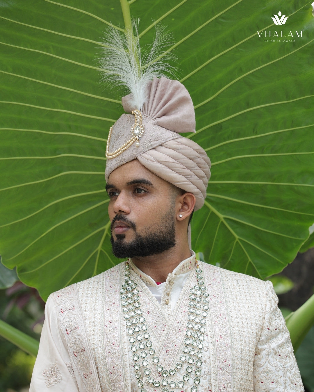 Champagne Beige Embroidered Groom Turban with Pearls & Brooch – Vhalam