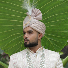 Champagne Beige Embroidered Groom Turban with Pearls & Brooch