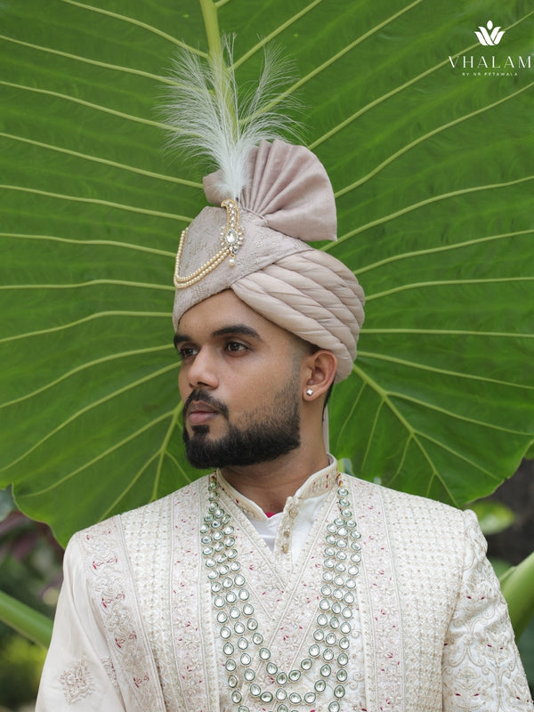 Champagne Beige Embroidered Groom Turban with Pearls & Brooch