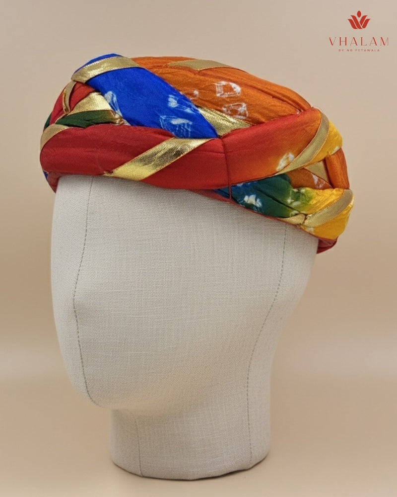 Festive Multicolored Bandhani Pagdi with Gold Gota Ribbon Work