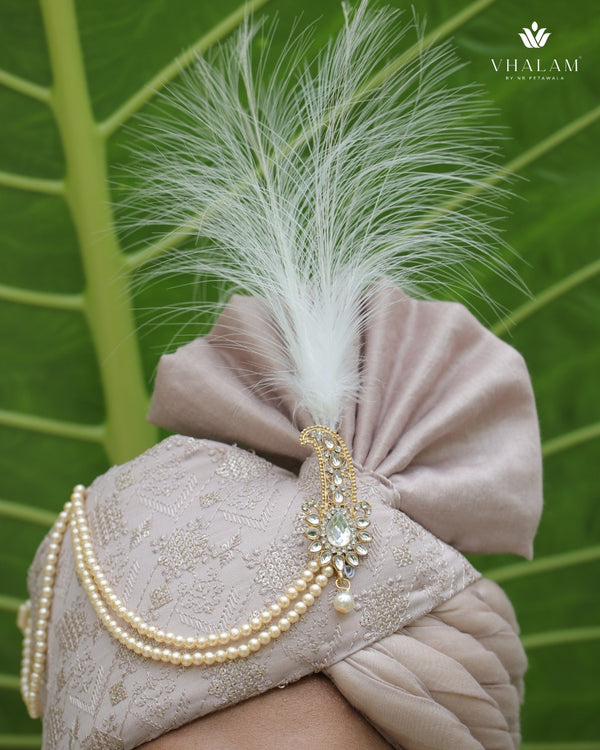 Champagne Beige Embroidered Groom Turban with Pearls & Brooch