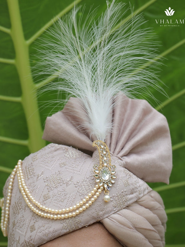 Champagne Beige Embroidered Groom Turban with Pearls & Brooch