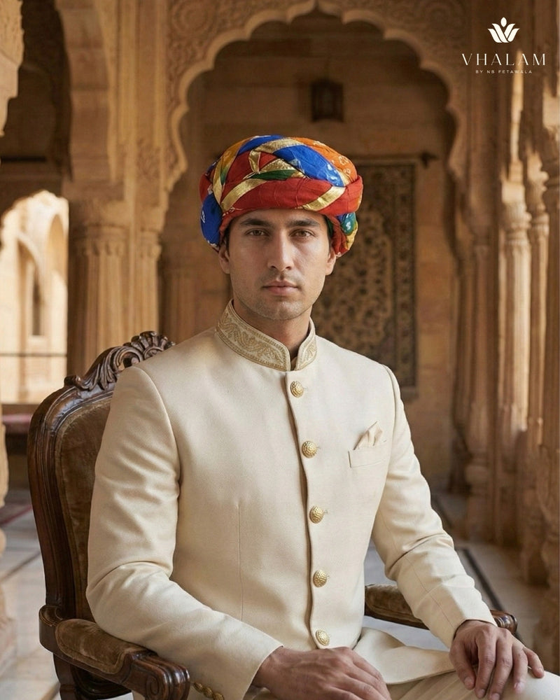 Festive Multicolored Bandhani Pagdi with Gold Gota Ribbon Work