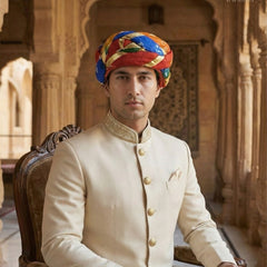 Festive Multicolored Bandhani Pagdi with Gold Gota Ribbon Work