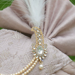 Champagne Beige Embroidered Groom Turban with Pearls & Brooch