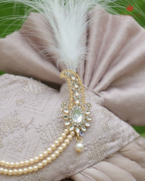 Champagne Beige Embroidered Groom Turban with Pearls & Brooch