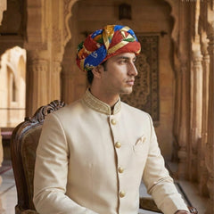 Festive Multicolored Bandhani Pagdi with Gold Gota Ribbon Work