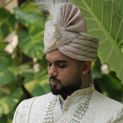 Champagne Beige Embroidered Groom Turban with Pearls & Brooch