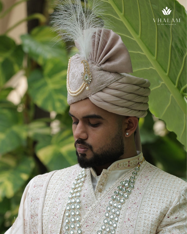 Champagne Beige Embroidered Groom Turban with Pearls & Brooch