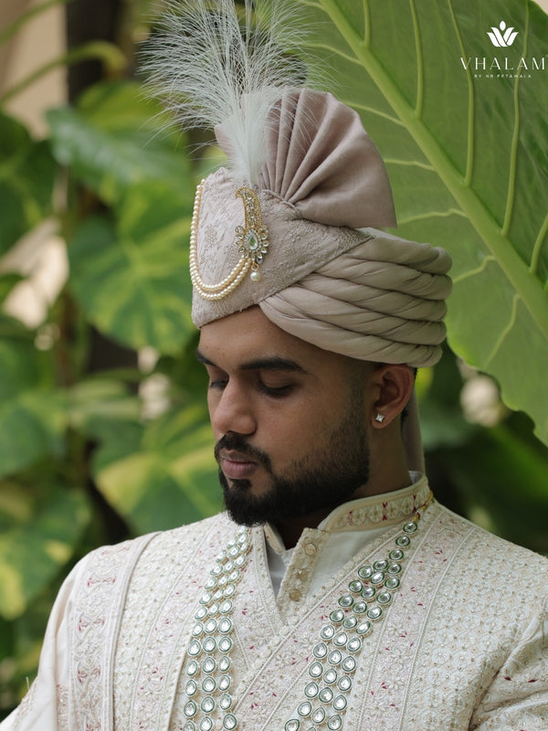 Champagne Beige Embroidered Groom Turban with Pearls & Brooch
