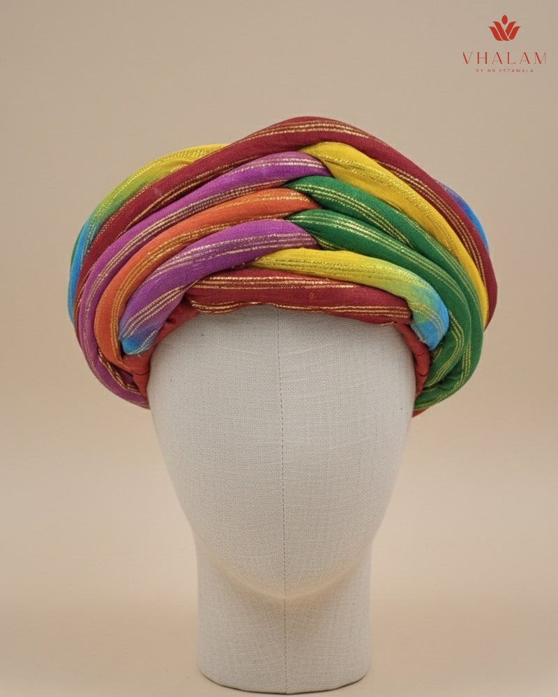 Vibrant Rainbow Multicolored Zari Striped Rajasthani Pagdi