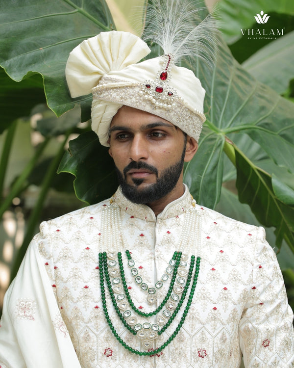 Off-White Embroidered Groom Turban with Ruby Brooch & Feather