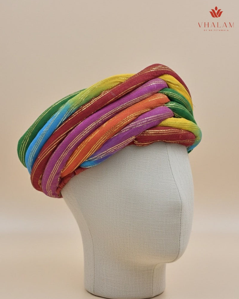 Vibrant Rainbow Multicolored Zari Striped Rajasthani Pagdi