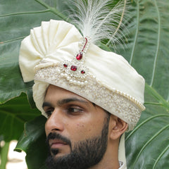 Off-White Embroidered Groom Turban with Ruby Brooch & Feather