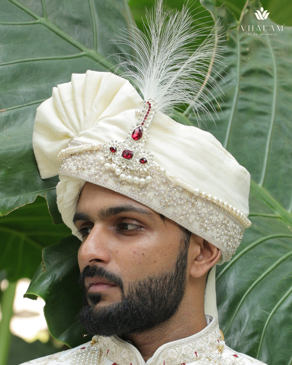 Off-White Embroidered Groom Turban with Ruby Brooch & Feather