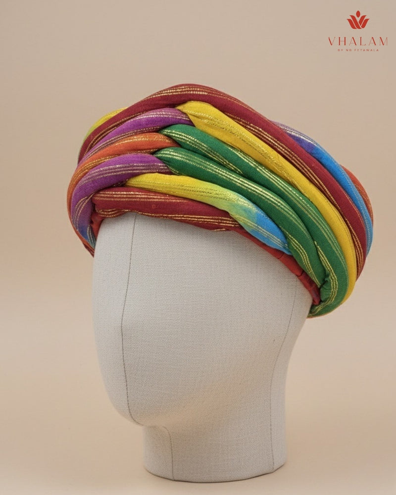 Vibrant Rainbow Multicolored Zari Striped Rajasthani Pagdi