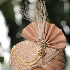 Pestle Peach Embroidered Groom Turban with Pearls