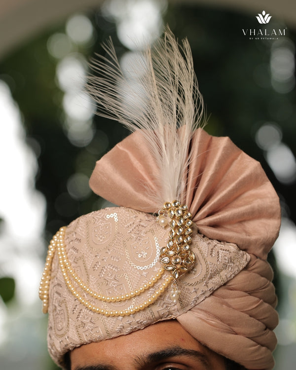 Pestle Peach Embroidered Groom Turban with Pearls