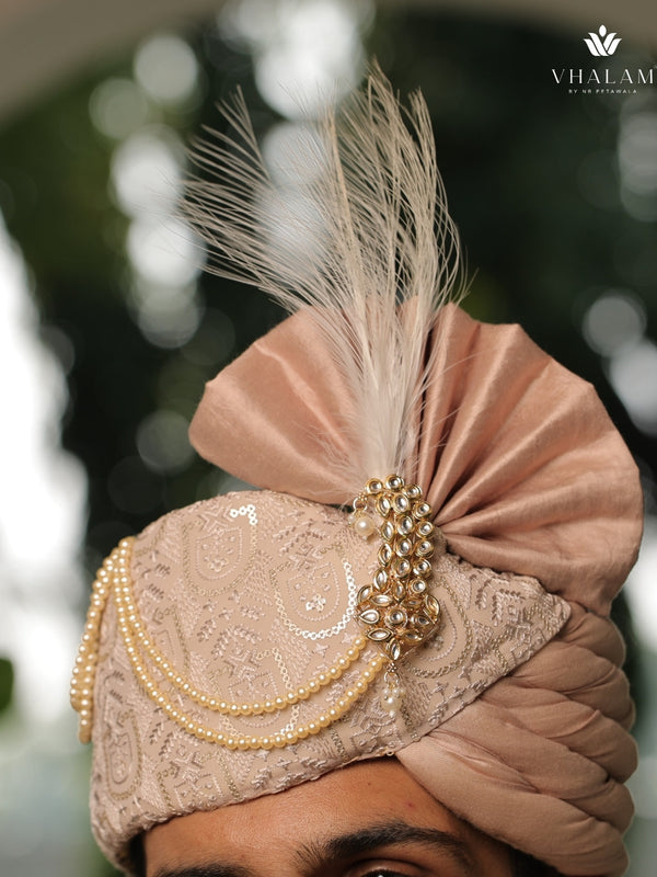 Pestle Peach Embroidered Groom Turban with Pearls