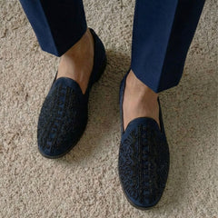 Kingfisher Midnight Suede Hand-Beaded Vertical Lace Loafers