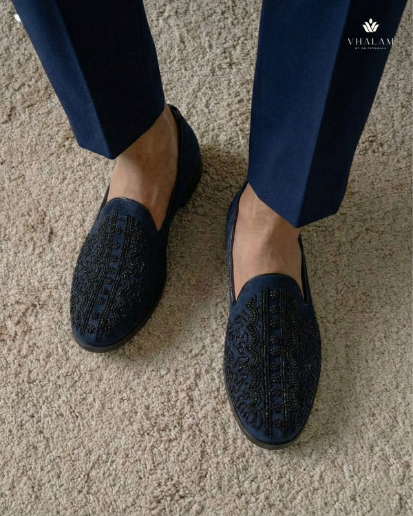 Kingfisher Midnight Suede Hand-Beaded Vertical Lace Loafers