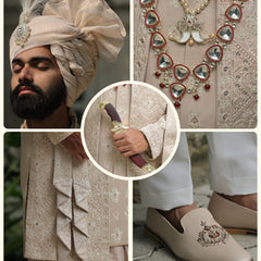 Collage of traditional attire with turban, jewelry, and shoes.