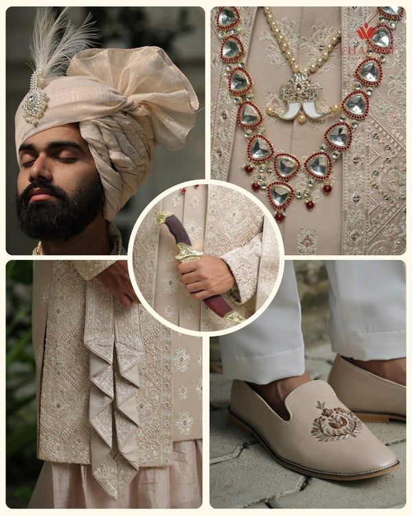 Collage of traditional attire with turban, jewelry, and shoes.