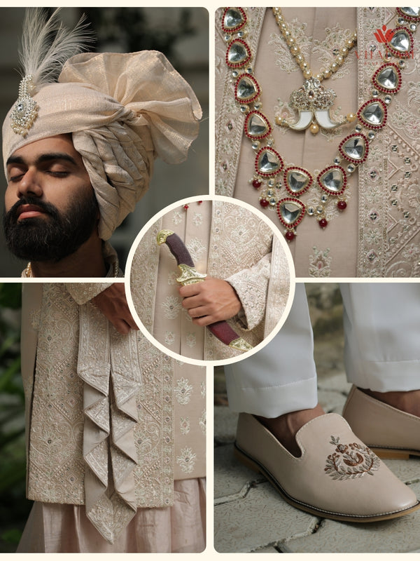 Collage of traditional attire with turban, jewelry, and shoes.