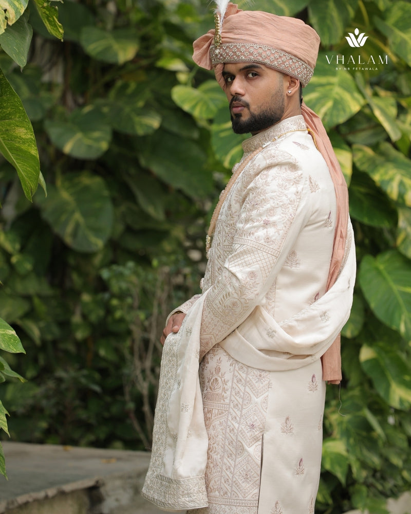 Classic Off-White Wedding Shawl with Intricate Thread Work