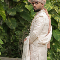 Classic Off-White Wedding Shawl with Intricate Thread Work