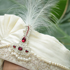 Off-White Embroidered Groom Turban with Ruby Brooch & Feather