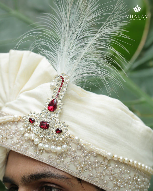 Off-White Embroidered Groom Turban with Ruby Brooch & Feather