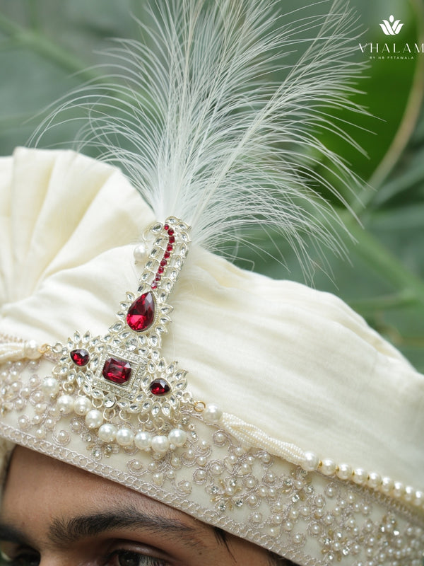 Off-White Embroidered Groom Turban with Ruby Brooch & Feather